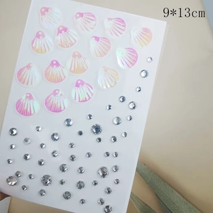 Detail view of pink iridescent shell sequins and clear rhinestones on a 9x13cm card
