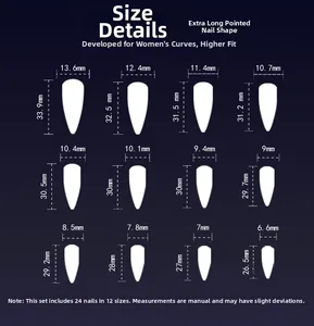 Size chart detail for purple Halloween bat press-on nails in 12 extra long stiletto sizes