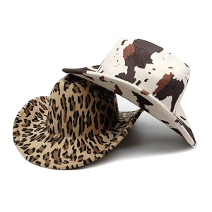 Western Cowboy Hat Wide Brim Leopard Cow Print Polyester Felt Vintage Sun Protection Adjustable Fashion For Women Men