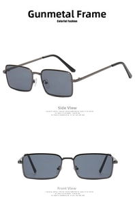 Detail of gunmetal square sunglasses with slim metal frames and gray lenses