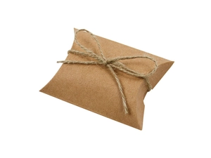 Brown kraft paper pillow favor box detail with a decorative natural jute twine bow