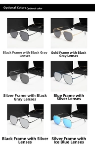 Detalle de gafas de sol aviador geométricas en seis colores de monturas y lentes distintas