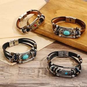 Retro multi-layer leather bracelets set with stainless steel clasps and natural stones