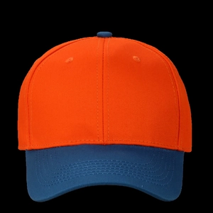 Detail of orange and navy blue baseball cap showing reinforced stitching on the brim