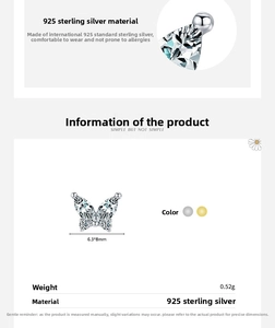 Close-up of S925 sterling silver butterfly stud earring with zircon details and size specs