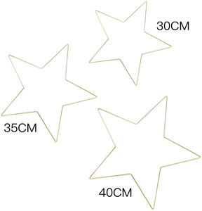 Golden star-shaped metal wreath frames in 30cm, 35cm, and 40cm sizes for DIY floral decor