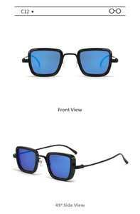 Detailed view of model C12 vintage square sunglasses with blue lenses and thick metal frame