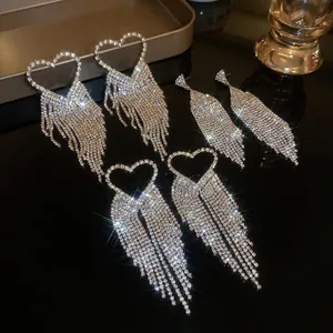 Heart Fan Long Tassel Earrings Copper Zircon Rhinestone With 925 Sterling Silver Earring Post Elegant Women
