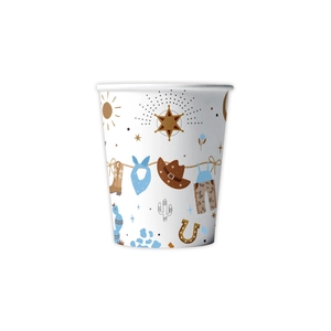 Cowboy themed party paper cup with blue and brown desert illustrations for dessert table
