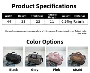 Detailed size specifications for large fitness bags in four colors, 44cm width macro view