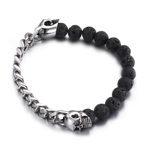 Punk skull bracelet with silver Cuban chain and black lava stone beads for men