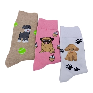 Three pairs of cartoon cotton socks featuring cute Schnauzer, Pug and Poodle dog patterns