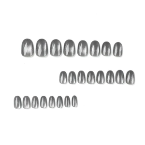 Short oval silver grey cat eye press-on nail kit with magnetic glitter finish 24pcs