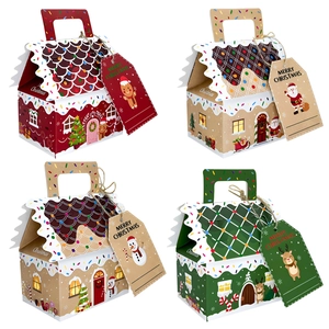 Set of four Christmas house-shaped gift boxes in red, green and kraft paper patterns