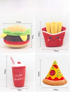 Set of 4 plush squeaky pet toys including burger, fries, milkshake, and pizza details