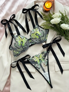 Close-up of intricate butterfly embroidery on sheer mesh lingerie with satin bow ties