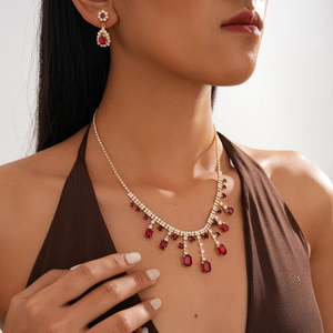 Luxury Copper Red Rhinestone Jewelry Geometric Square Tassel Necklace And Drop Earrings Vintage Court Style Women