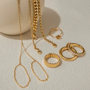 Elegant 18K gold-plated titanium steel jewelry set featuring zircon rings and Cuban chains