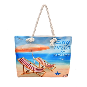 Grand sac de plage en toile avec anses en corde et imprimé estival bord de mer