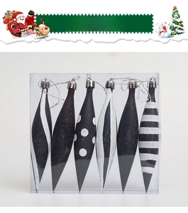 Set of six black and white pointed Christmas icicle ornaments with glitter and stripe details