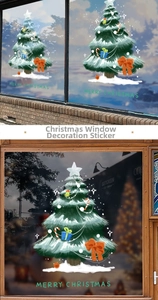 Detail of Christmas tree window sticker with snow, gifts, and Merry Christmas text