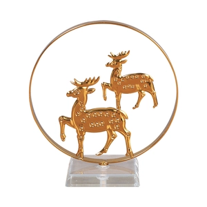 Golden reindeer ornaments in metal ring with crystal base for Christmas home decor