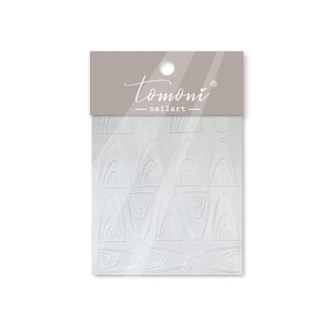Macro shot of 5D embossed white geometric line nail art stickers with product packaging