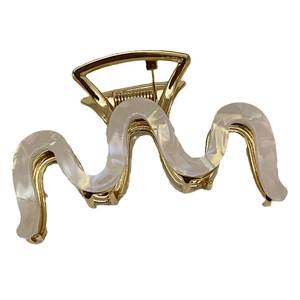 Large acetate metal shark hair claw clip in pearl white and gold for thick hair styles
