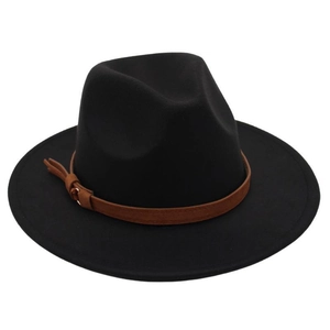 Detail of black wool fedora featuring a brown leather belt buckle and stylish fringe tassel
