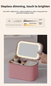 Pink PU leather vanity case detail with integrated LED mirror and adjustable lighting modes