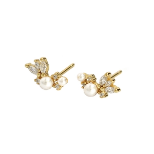 Elegant gold S925 silver stud earrings with pearls and crystals in a floral cluster design