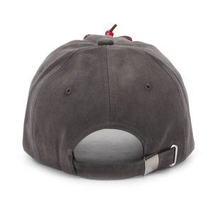 Rear view of distressed charcoal baseball cap with mushroom detail and metal buckle