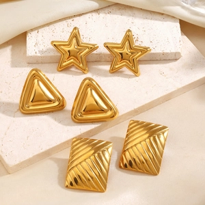 Golden geometric star, triangle and rectangle stainless steel stud earrings on stone