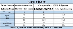 Size chart showing 100% polyester fabric details and measurements for the tie-front top