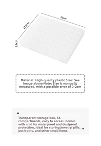 Detailed view of clear 56-grid jewelry organizer showing dimensions 21x17.5x2.6cm