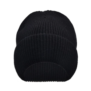 Close-up of black ribbed wool knit beanie showing detailed texture and warm double-layer