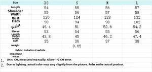 Detailed size chart for the women's bomber jacket with measurements in centimeters