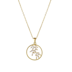 Minimalist 18K gold stainless steel necklace with bamboo leaf hollow pendant and crystals