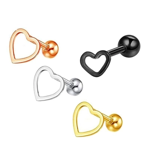 Stainless steel hollow heart stud earrings in rose gold, silver, black, and gold finishes