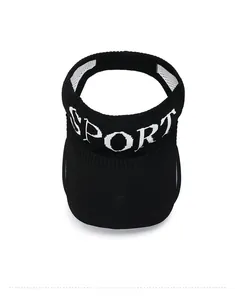 Detailed top view of black knit sun visor with white SPORT lettering and breathable mesh