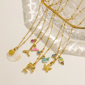 Summer ocean series 14K gold stainless steel necklaces with seashell and dolphin charms