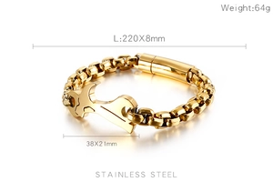 Detail of gold stainless steel wrench tool bracelet showing dimensions and weight metrics