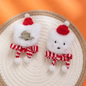 Plush Christmas cat head brooch and hair clip set with red knitted hat and scarf decor