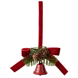 Christmas decoration hanging bell with red velvet bow, pine cones and green pine needles