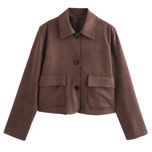 Classic brown suede cropped jacket with notched lapels and large flap pockets on white background