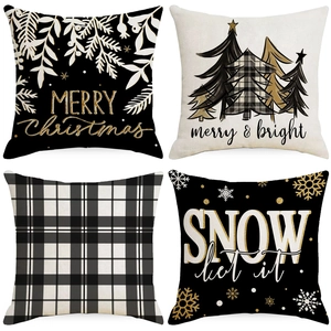 Christmas Pillowcases Linen Decorative Cushion Covers For Sofa Living Room Merry Christmas Snowflake Pattern Black Gold White