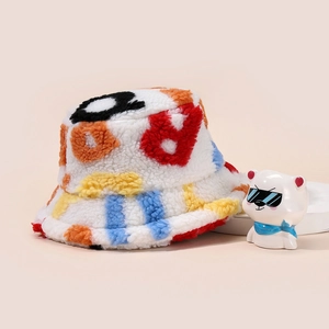 Colorful Letter Leopard Print Sherpa Bucket Hat Winter Warm Plush Faux Fur Outdoor Pan Hat For Women Kids