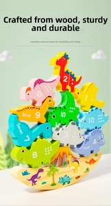 Macro detail of colorful wooden dinosaur blocks featuring numbers and English words on a rocker