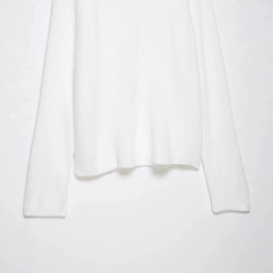 Women's white high-neck knit sweater with side slits and long ribbed sleeves