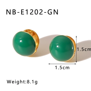 Close-up of 1.5cm green enamel ball earrings with gold-plated trim and 8.1g weight